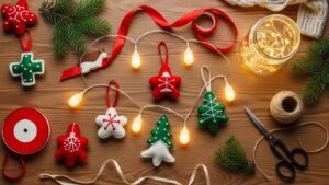 木のテーブルにフェルトのオーナメントやLEDライト、ガラス瓶、リボンなどの手作りクリスマス雑貨が並ぶ、北欧風で温かみのあるフラットレイ写真