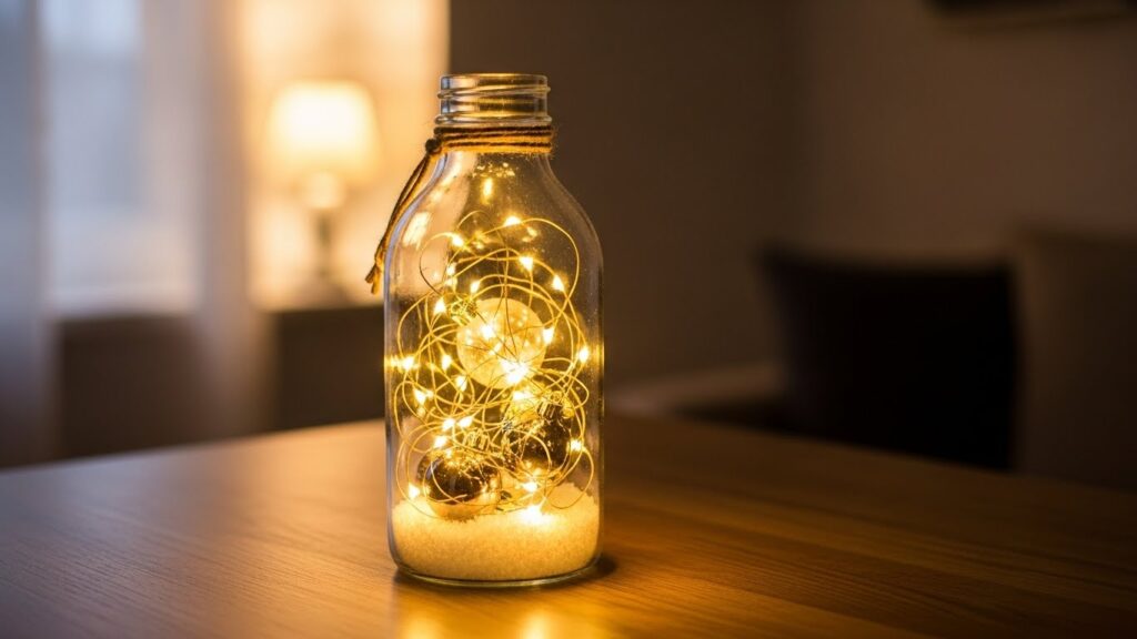 ガラス瓶の中にLEDライトと小さなオーナメント、フェイクスノーを入れた手作りクリスマスボトルツリーの写真