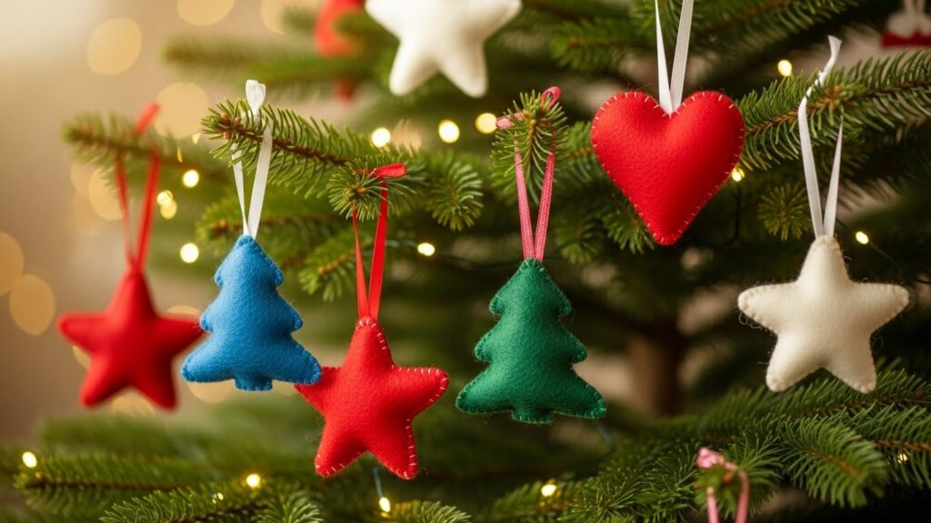 星やハートなどのフェルトをカットして作った手作りオーナメントが木のテーブルに並んだ写真