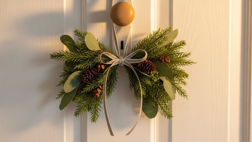 木製ドアのドアノブに手作りのミニスワッグを掛けたナチュラルなクリスマス装飾の写真