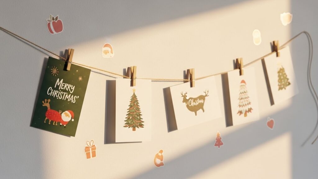 明るい壁に麻ひもを張り、小さな木製クリップでクリスマスカードを吊るしたシンプルなウォールデコの写真