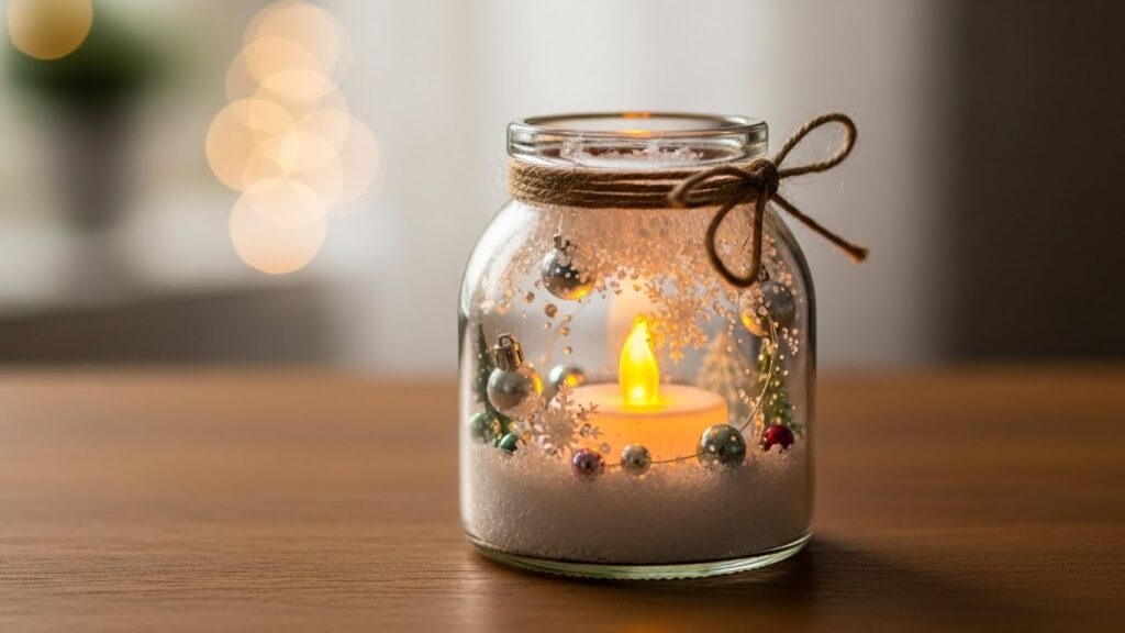 ガラス瓶にフェイクスノー、小さな飾り、LEDティーライトを入れて作ったスノードーム風オブジェの写真