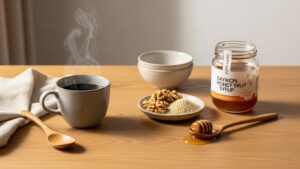 冬の木のテーブルに、黒豆ミルク、くるみとごまの小皿、はちみつ、大根あめの瓶が並ぶ温かいフラットレイ写真。やわらかな自然光が差し込み、冬の薬膳レシピをイメージした北欧風の落ち着いた雰囲気の構図。