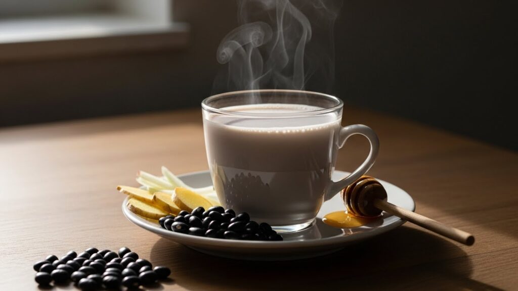 湯気の立つ黒豆生姜ミルクが白いカップに注がれ、横に生姜と黒豆が添えられた冬の温活ドリンクのフラットレイ写真。温かみのある北欧風の雰囲気。