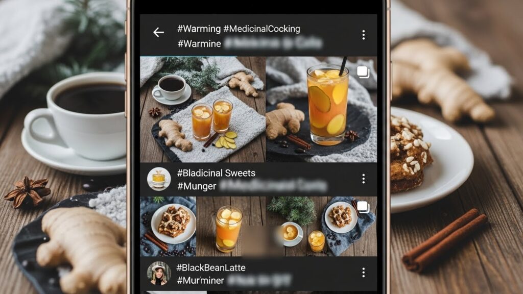 スマートフォンの画面に、温活や薬膳をイメージした写真が並ぶSNS風のフィードがぼんやり映るフラットレイ写真。冬のトレンドを象徴するナチュラルな生活シーン。