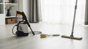 年末大掃除をイメージした、トレンドな掃除グッズと整ったリビング空間