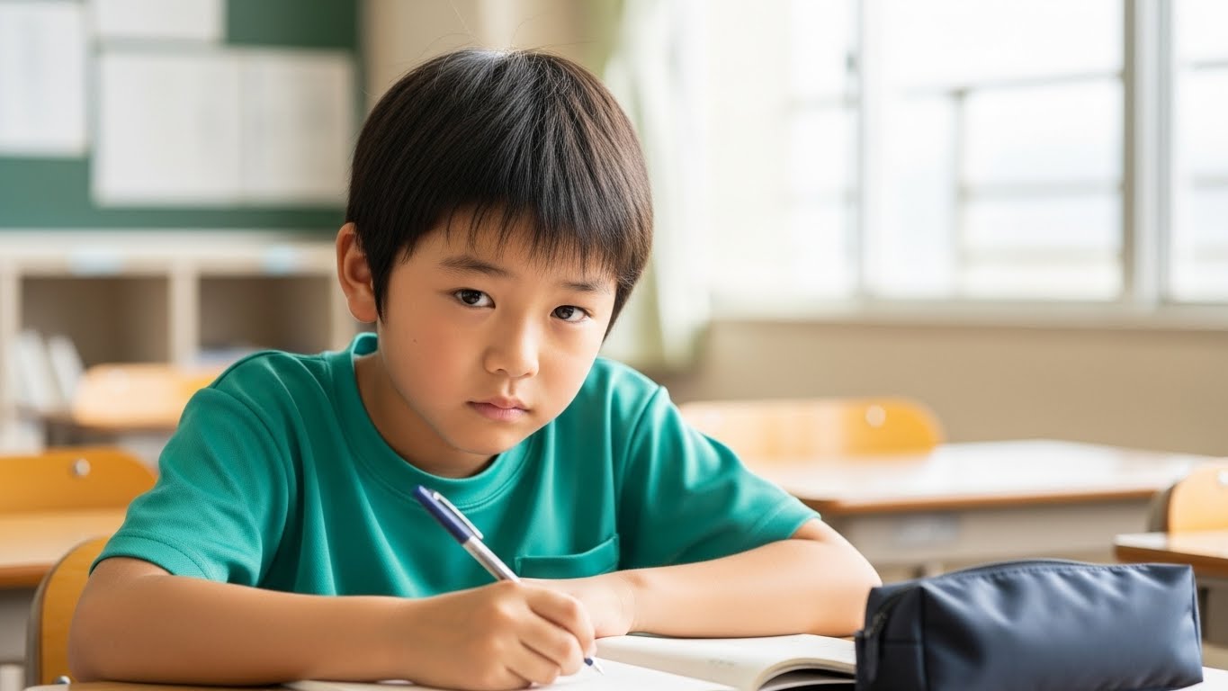 10歳の少年が深く考えている様子の画像